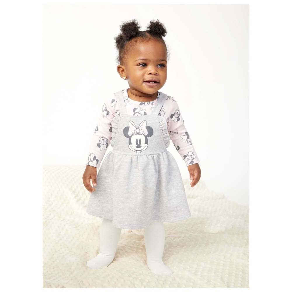 DISNEY MINNIE MOUSE BABY GIRLS PINAFORE DRESS, TOP WITH LONG SLEEVES AND TIGHTS